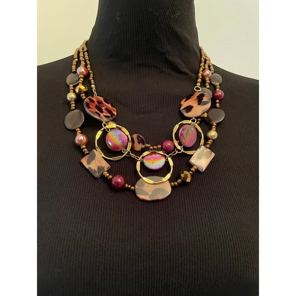 Jules B Womens Multi Strand Statement Necklace Animal Print Iridescent Gold Tone